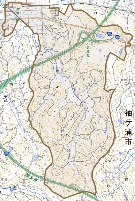 笹子とその周辺の地図。町の範囲を重ねている