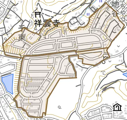 千束台とその周辺の地図。町の範囲を重ねている