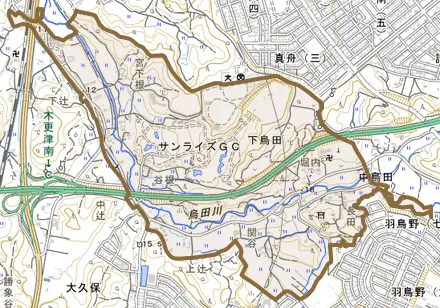 下烏田とその周辺の地図。町の範囲を重ねている