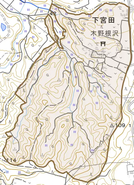 下宮田とその周辺の地図。町の範囲を重ねている