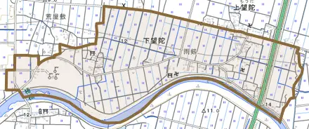 下望陀とその周辺の地図。町の範囲を重ねている