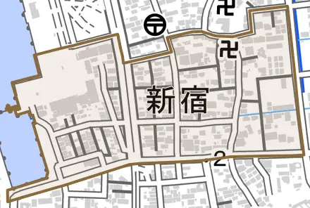 新宿とその周辺の地図。町の範囲を重ねている