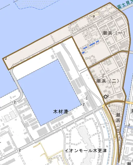 潮浜とその周辺の地図。町の範囲を重ねている