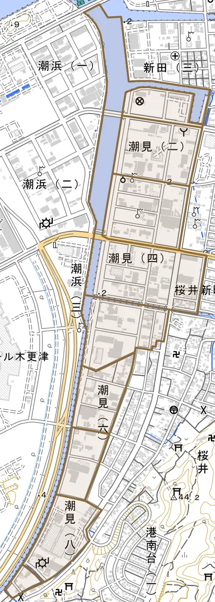 潮見とその周辺の地図。町の範囲を重ねている