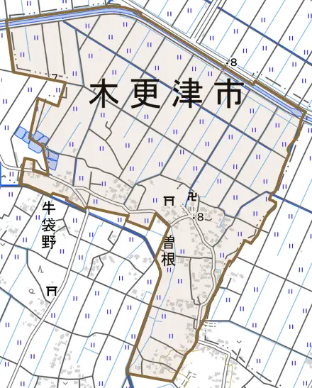 曽根とその周辺の地図。町の範囲を重ねている