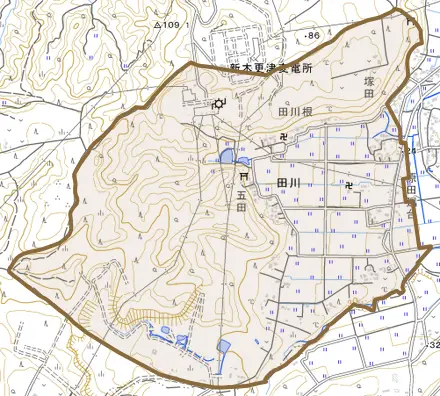 田川とその周辺の地図。町の範囲を重ねている