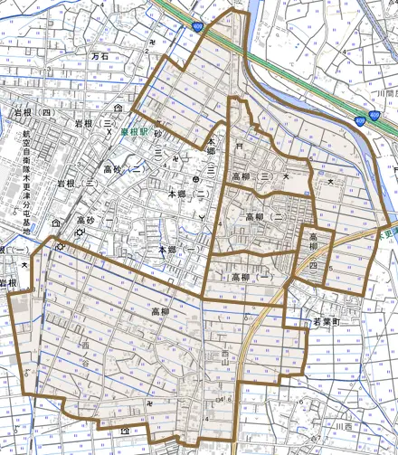 高柳とその周辺の地図。町の範囲を重ねている