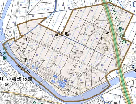 十日市場とその周辺の地図。町の範囲を重ねている
