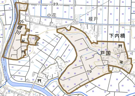 戸国とその周辺の地図。町の範囲を重ねている