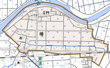 椿とその周辺の地図。町の範囲を重ねている