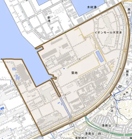 築地とその周辺の地図。町の範囲を重ねている