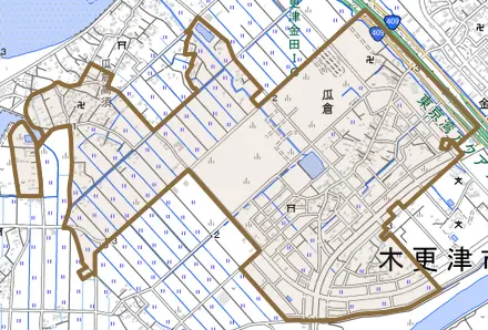 瓜倉とその周辺の地図。町の範囲を重ねている