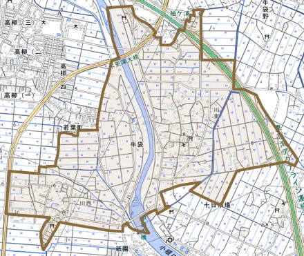 牛袋とその周辺の地図。町の範囲を重ねている