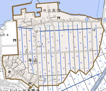 牛込とその周辺の地図。町の範囲を重ねている