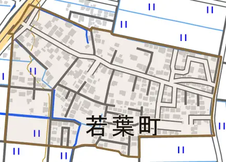 若葉町とその周辺の地図。町の範囲を重ねている