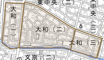 大和とその周辺の地図。町の範囲を重ねている