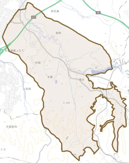 矢那とその周辺の地図。町の範囲を重ねている