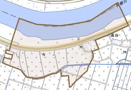 今とその周辺の地図。町の範囲を重ねている