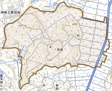 毛成とその周辺の地図。町の範囲を重ねている