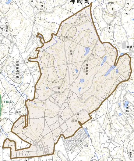 古原とその周辺の地図。町の範囲を重ねている