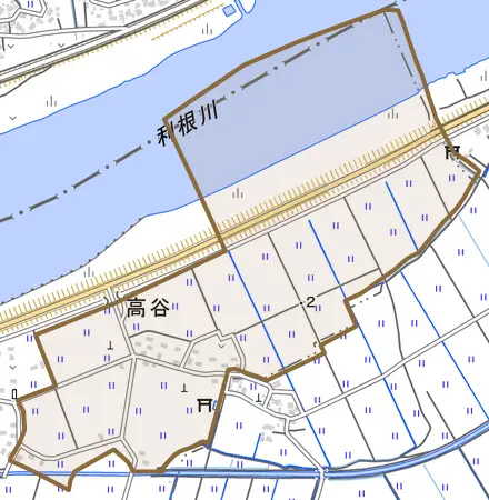高谷とその周辺の地図。町の範囲を重ねている