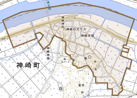 神崎本宿とその周辺の地図。町の範囲を重ねている