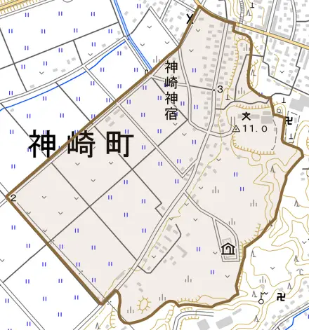 神崎神宿とその周辺の地図。町の範囲を重ねている