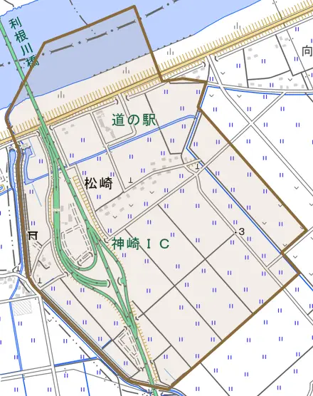 松崎とその周辺の地図。町の範囲を重ねている