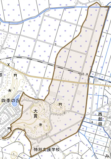 大貫とその周辺の地図。町の範囲を重ねている
