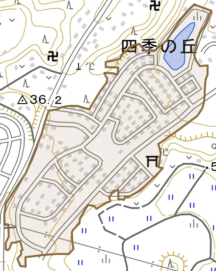 四季の丘とその周辺の地図。町の範囲を重ねている
