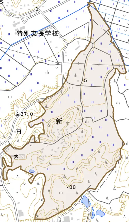 新とその周辺の地図。町の範囲を重ねている