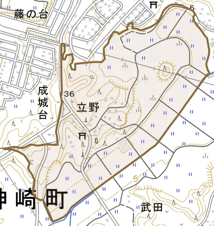 立野とその周辺の地図。町の範囲を重ねている