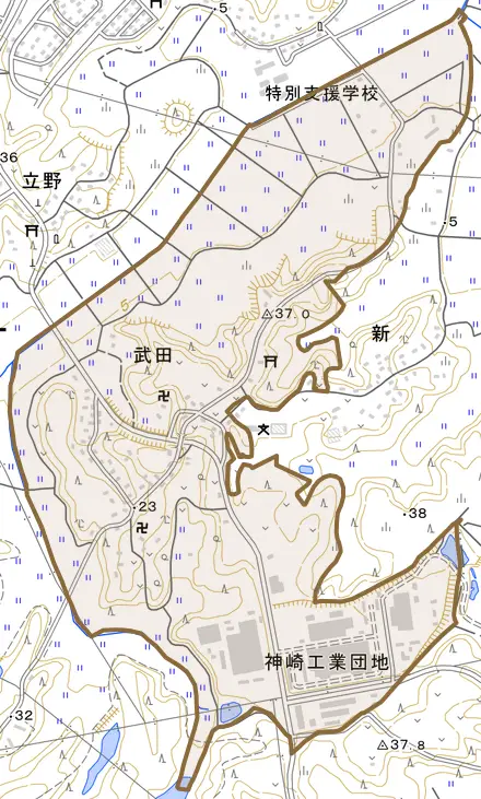 武田とその周辺の地図。町の範囲を重ねている