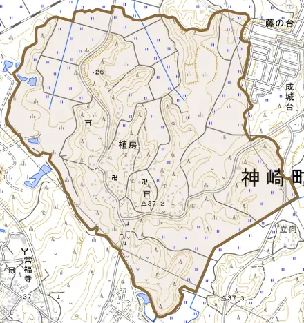 植房とその周辺の地図。町の範囲を重ねている
