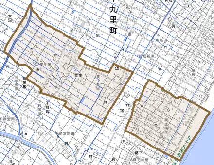 粟生とその周辺の地図。町の範囲を重ねている