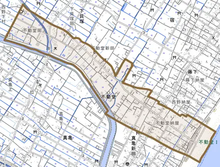 不動堂とその周辺の地図。町の範囲を重ねている