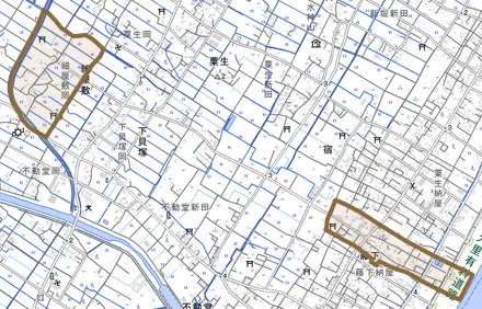 細屋敷とその周辺の地図。町の範囲を重ねている