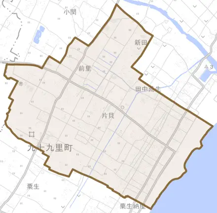 片貝とその周辺の地図。町の範囲を重ねている