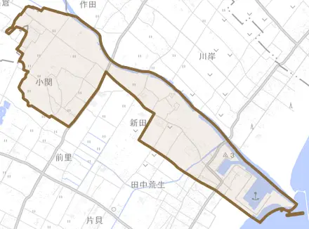 小関とその周辺の地図。町の範囲を重ねている