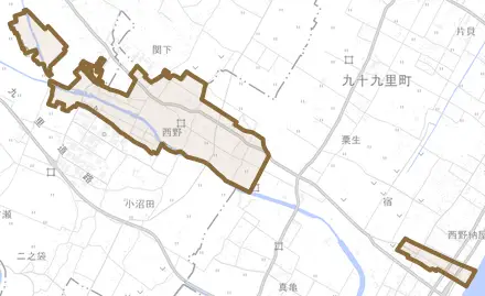 西野とその周辺の地図。町の範囲を重ねている
