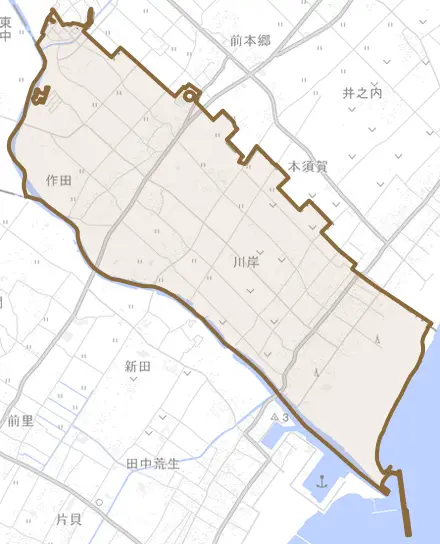 作田とその周辺の地図。町の範囲を重ねている