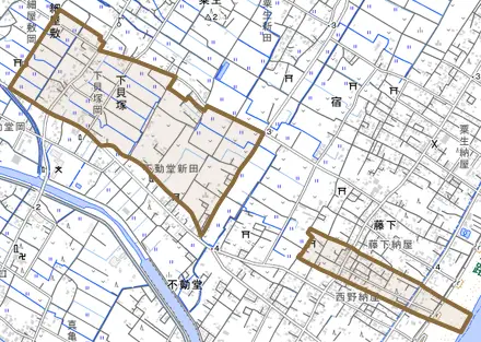 下貝塚とその周辺の地図。町の範囲を重ねている