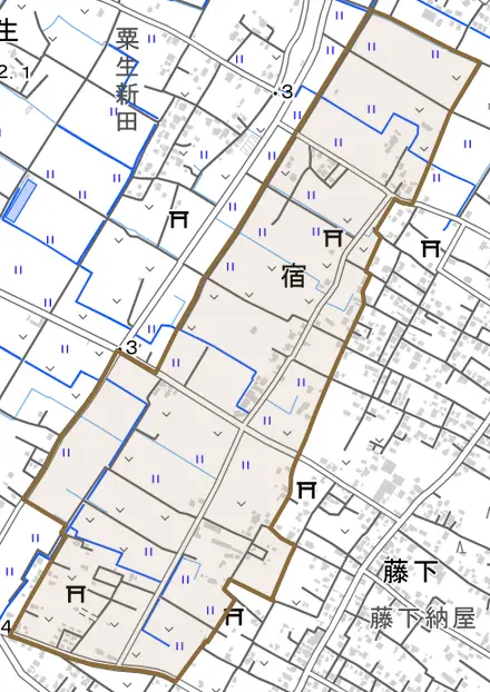宿とその周辺の地図。町の範囲を重ねている