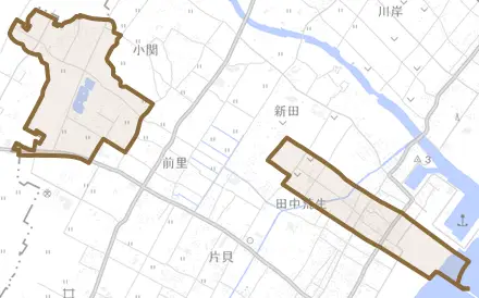 田中荒生とその周辺の地図。町の範囲を重ねている