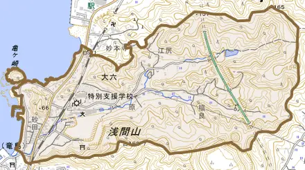大六とその周辺の地図。町の範囲を重ねている