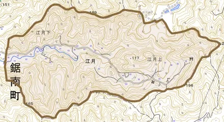 江月とその周辺の地図。町の範囲を重ねている