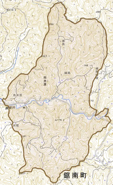 市井原とその周辺の地図。町の範囲を重ねている
