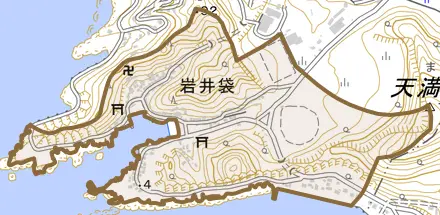 岩井袋とその周辺の地図。町の範囲を重ねている