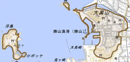 勝山とその周辺の地図。町の範囲を重ねている