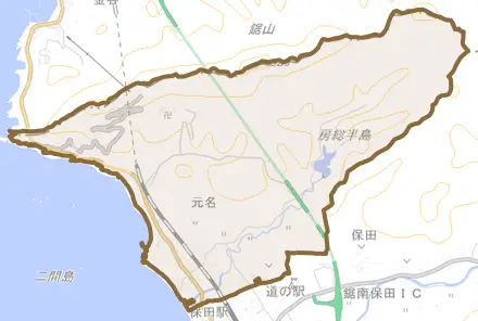 元名とその周辺の地図。町の範囲を重ねている